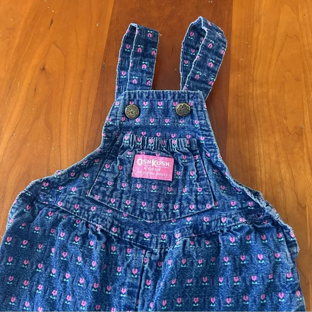 Vintage Oshkosh Girls Tulip Floral Embroidered Dark Wash Denim Overalls 12 mos